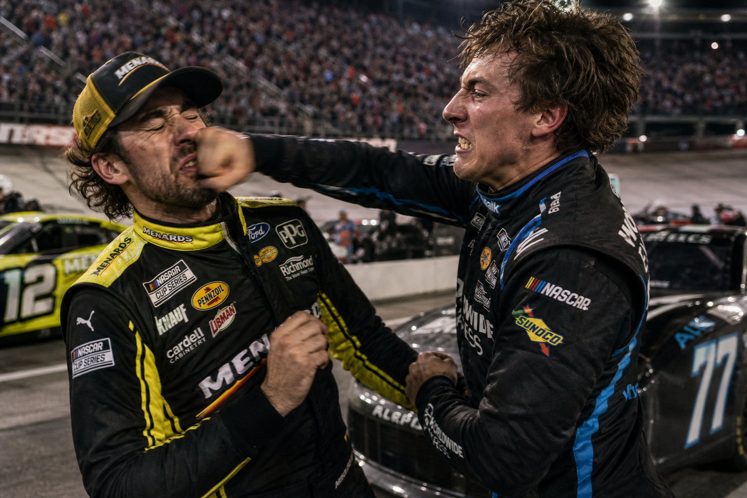 Carson hocevar and ryan blaney turn a late bristol clash into a post race punch up