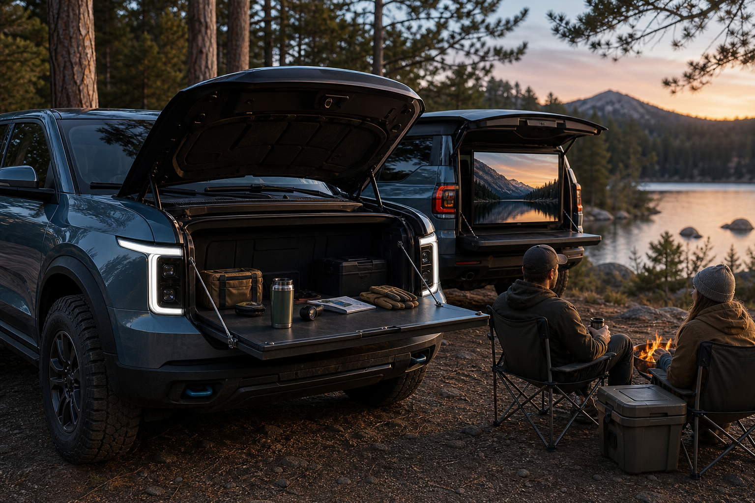 Ford fathom patent imagines a front trunk with a fold down tv