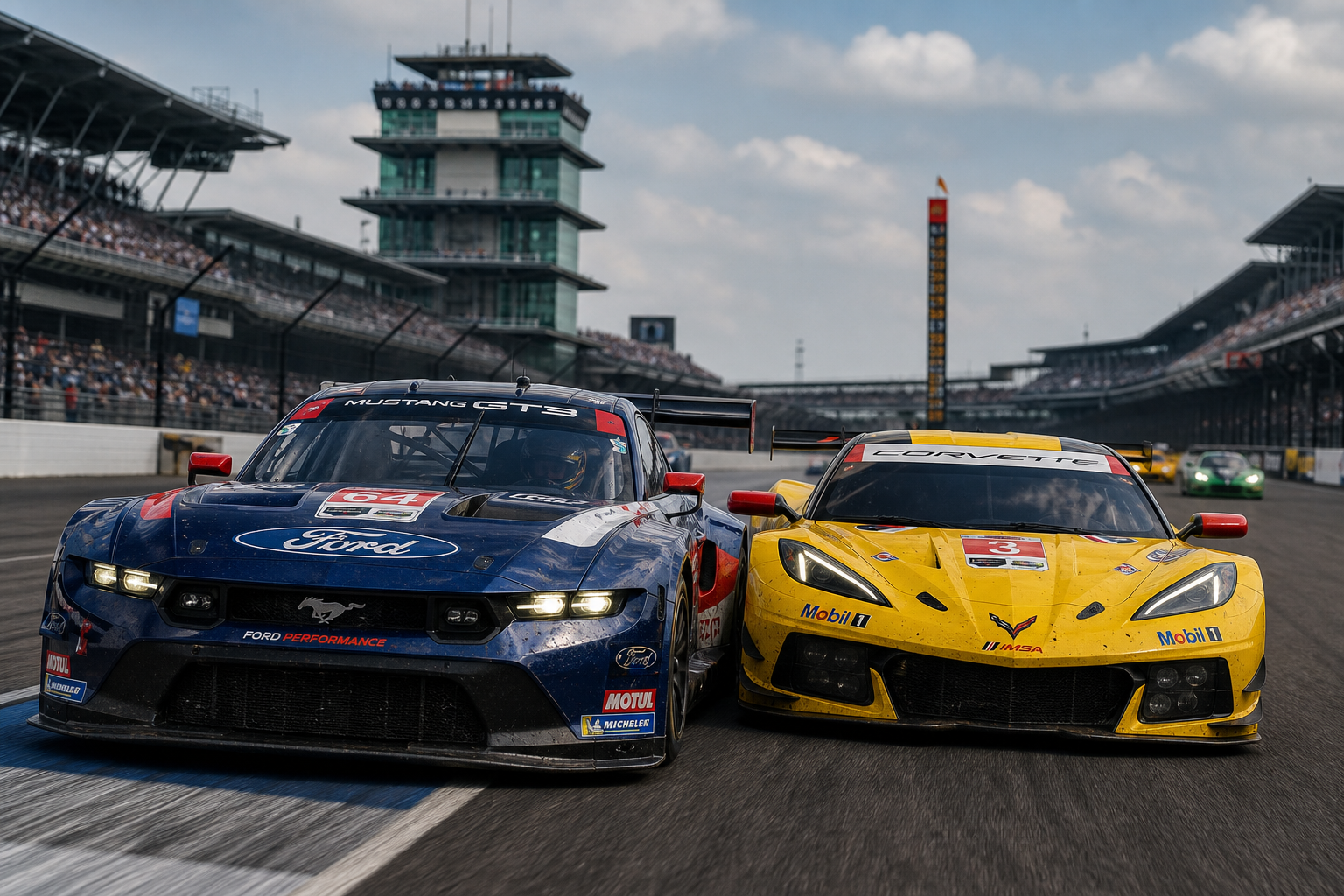 Ford mustang gt3 wins a last lap gtd pro scrap against corvette at indianapolis