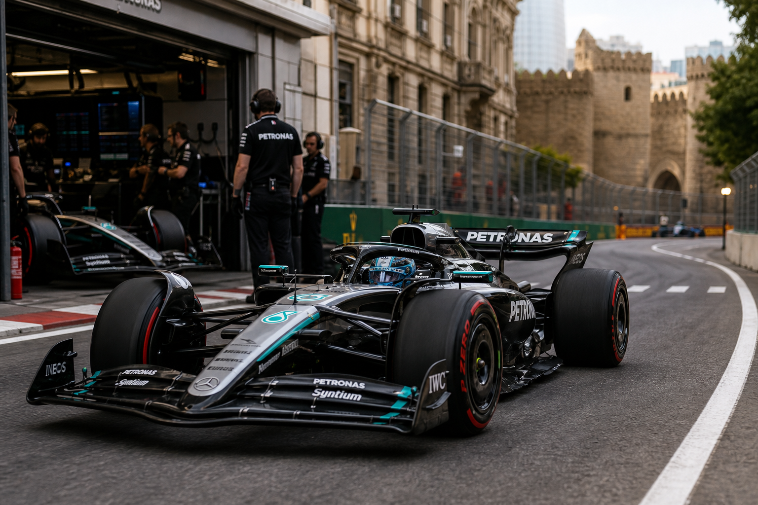 George russell leads max verstappen in azerbaijan grand prix practice as mercedes suffers kimi antonelli breakdown