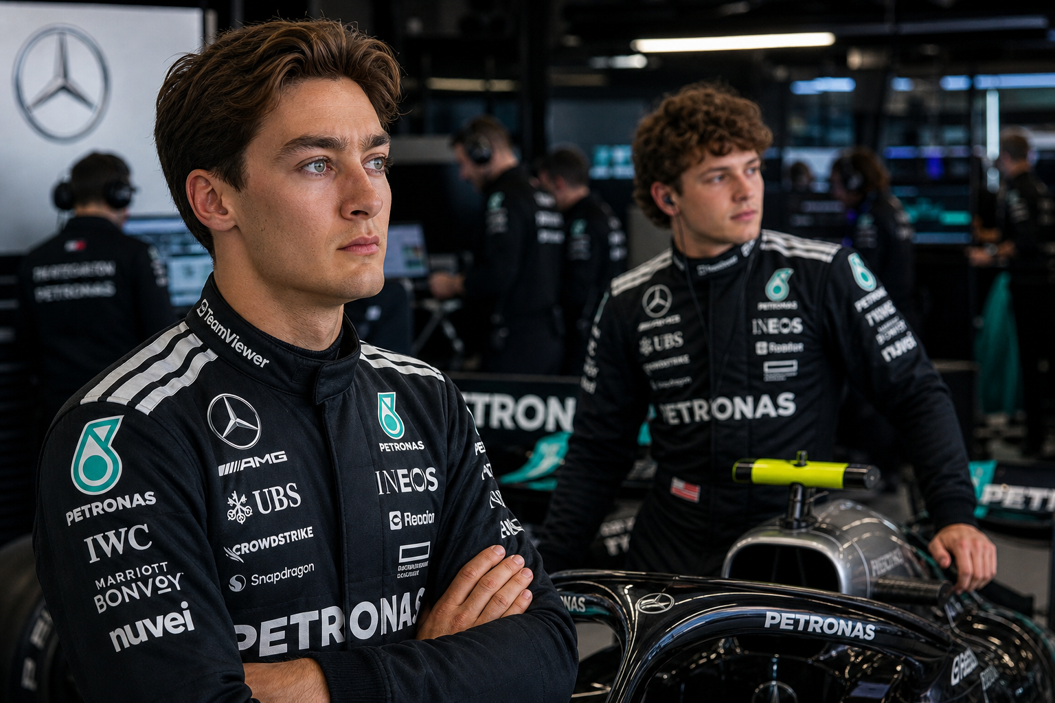 George russell looks to f1 2027 as kimi antonelli changes mercedes internal fight