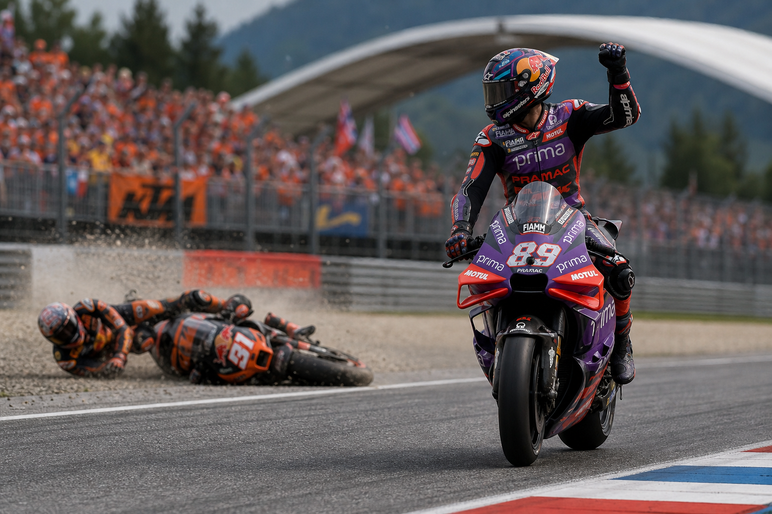 Jorge martin claims austrian motogp sprint after pedro acosta crashes out