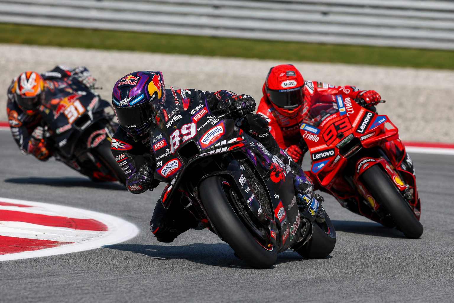 Jorge martin leads marc marquez and pedro acosta on the austrian gp grid