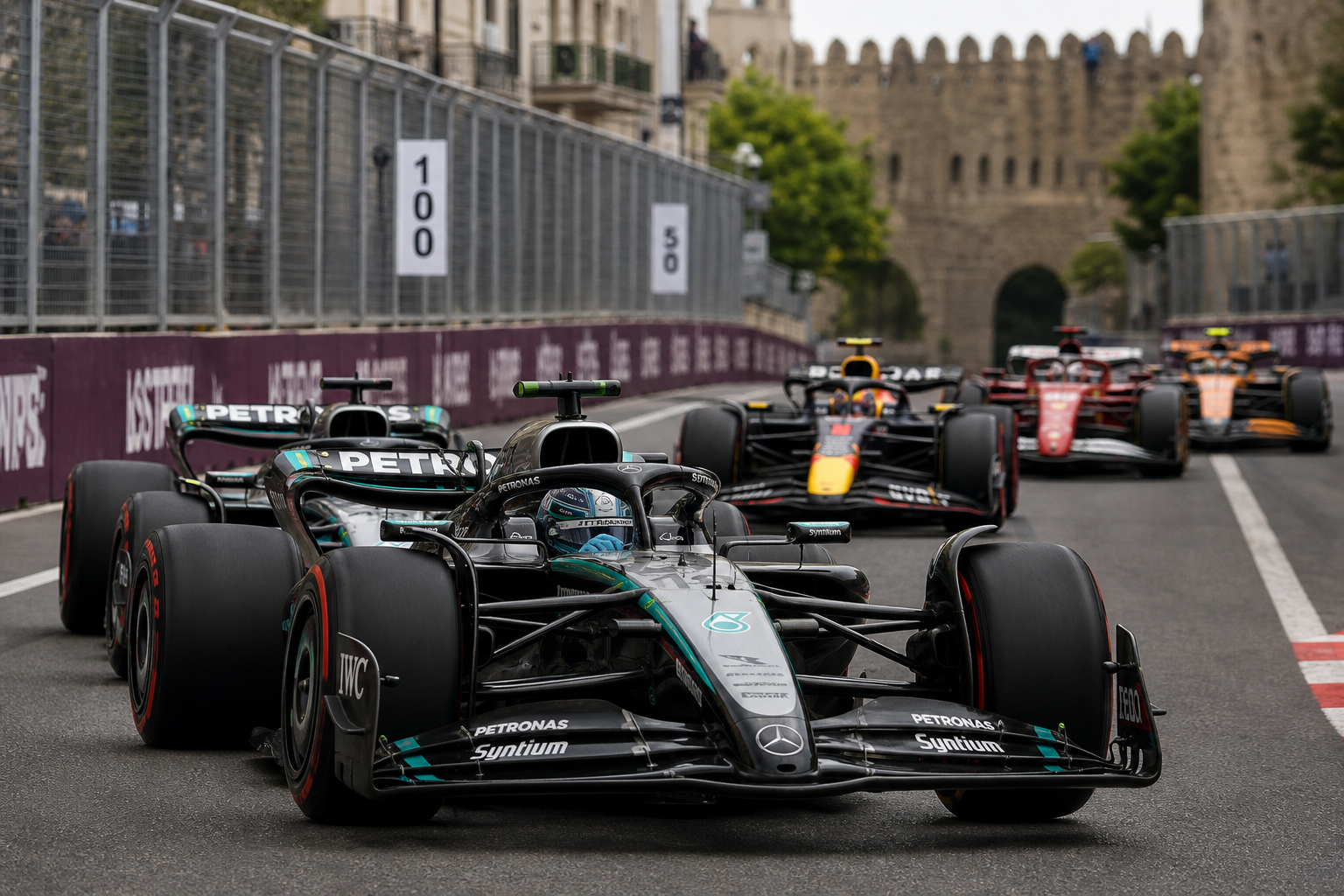 Mercedes sets the pace in baku as george russell leads kimi antonelli
