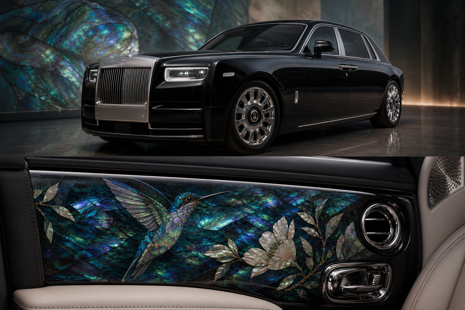 This rolls royce is decorated with a hummingbird made from shells
