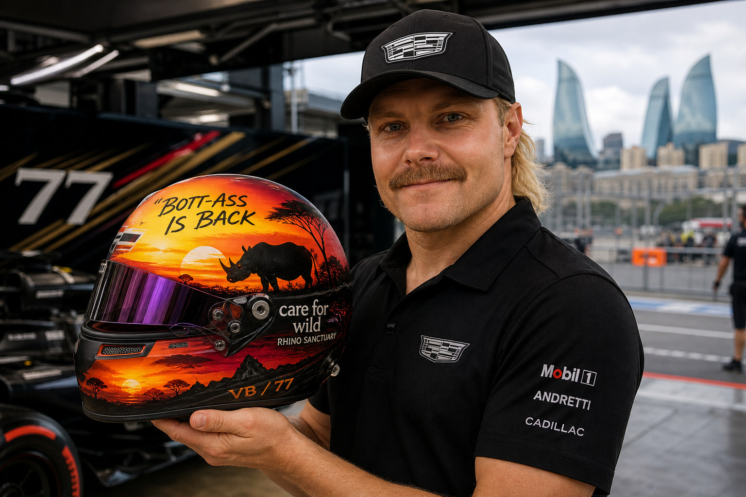Valtteri bottas brings bott ass is back to baku with charity helmet