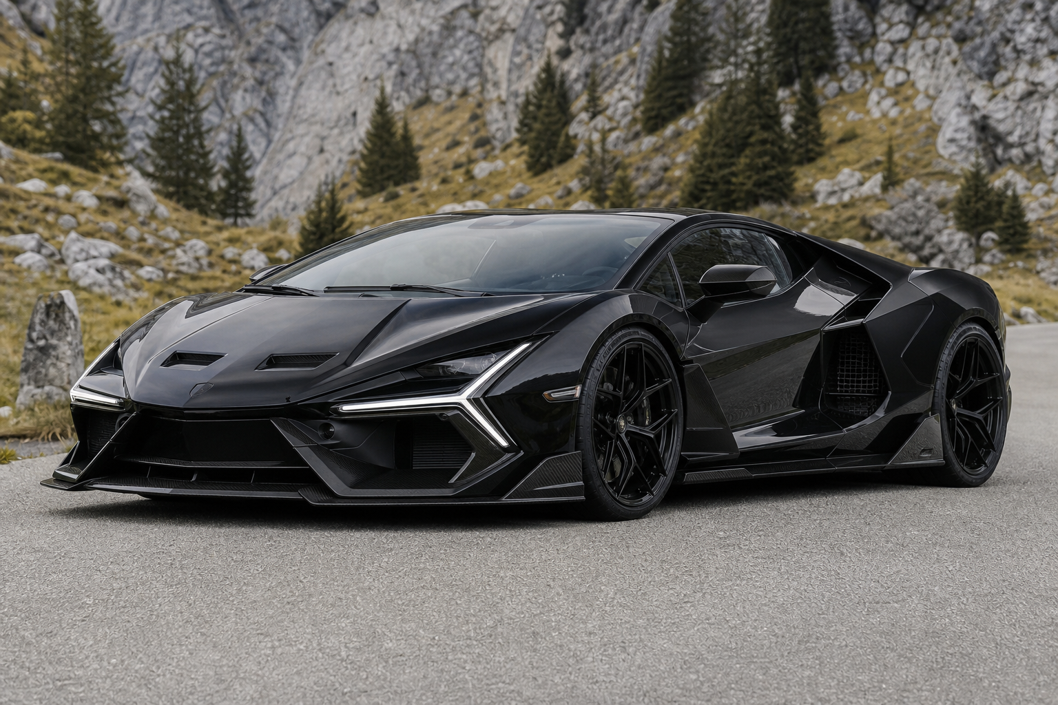 Venuum black gives the lamborghini revuelto a more aggressive voltoro v1 body kit